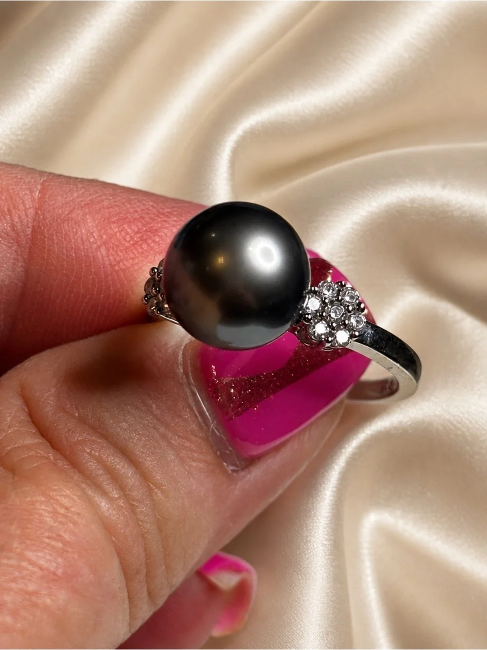 STS 925 Sterling Silver Tahitian Black Cultured Pearl Genuine Diamond Ring Sz 8